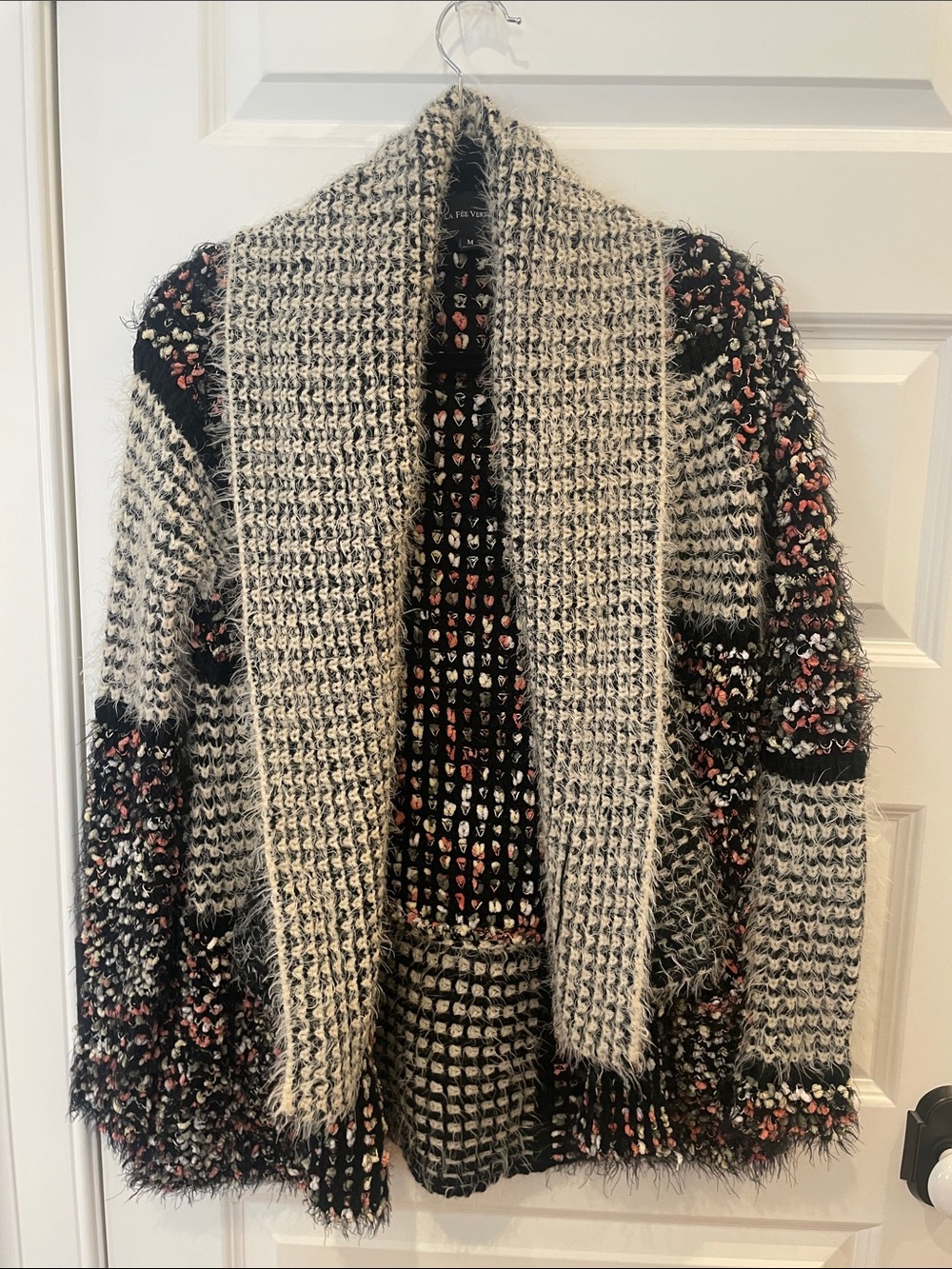 La Fee Verte Chunky Open Front Knit Cardigan in Black & Cream size M